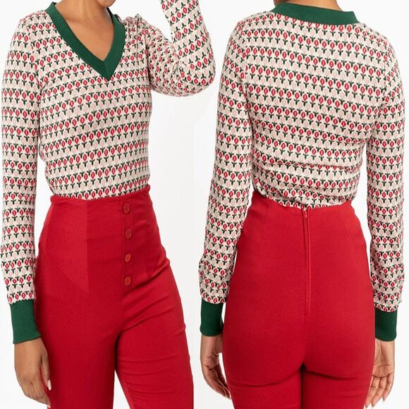 Unique Vintage Beige, Red & Green Tulip Sterling Sweater Womens Size Medium - Picture 1 of 11